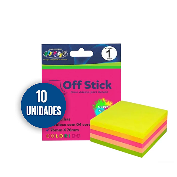 Bloco Adesivo Neon Off Stick 76x76 100 Folhas 10 unidades Off Paper