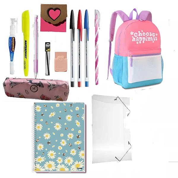 Kit De Material Juvenil Feminino Com Mochila Rosa
