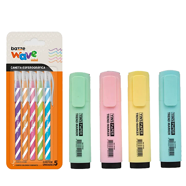 Kit Com 4 Marca Texto Colorido Pastel + 5 Canetas Coloridas
