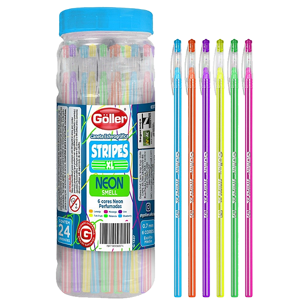 Caixa com 24 canetas esferográfica 1.0 stripes colorida neon perfumada Goller