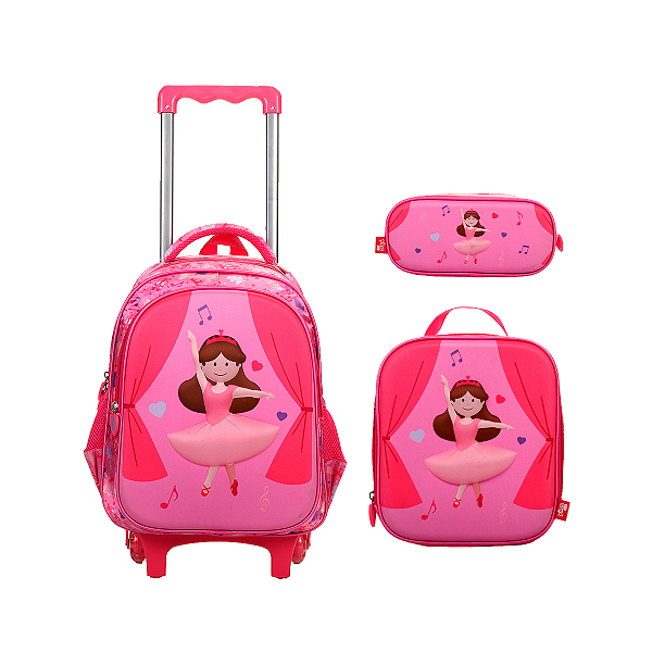 Kit com mochilete com rodas + estojo + lancheira térmica infantil rosa de bailarina yins