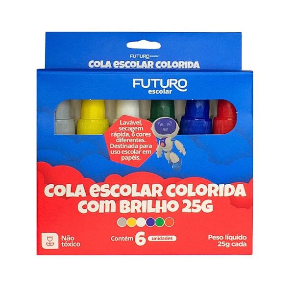 Cola Escolar Colorida 25g C/Brilho 6 Cores Futuro