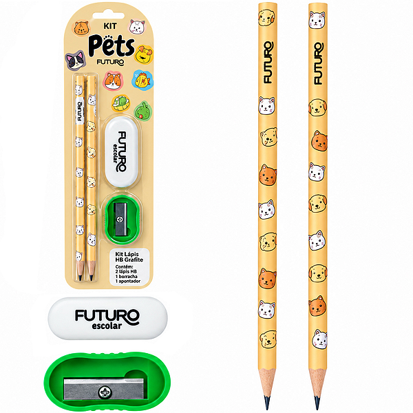 Kit Lápis Preto+Borracha+Apontador Pets Futuro