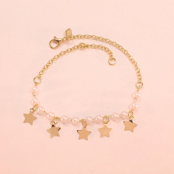 Pulseira com Pérola e Estrelas Folheado a Ouro 18k