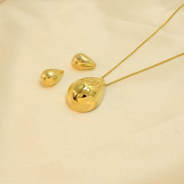 Conjunto de Gota Abaulada Folheado a Ouro 18k