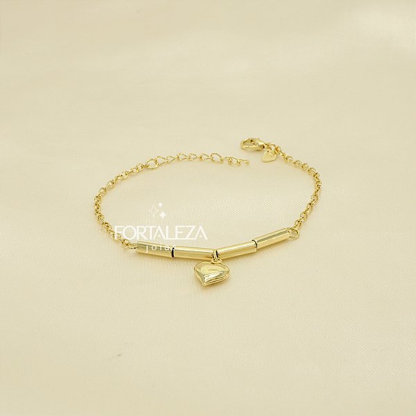 Pulseira com Coração e Canutilhos Banhado a Ouro 18k