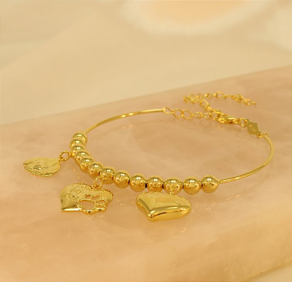 Pulseira com Corações e Cachorro Folheado a Ouro 18k