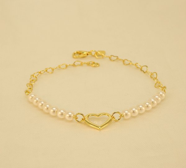 Pulseira com Pérolas e Corações Folheada a Ouro 18k