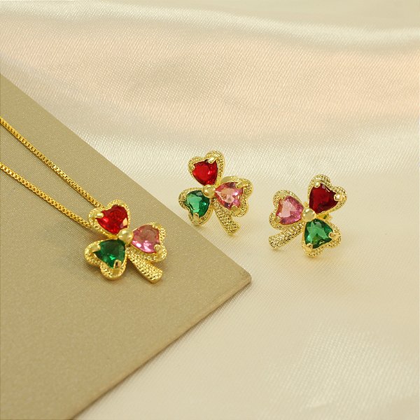 Conjunto de Trevo com Zircônias Banhado a Ouro 18k