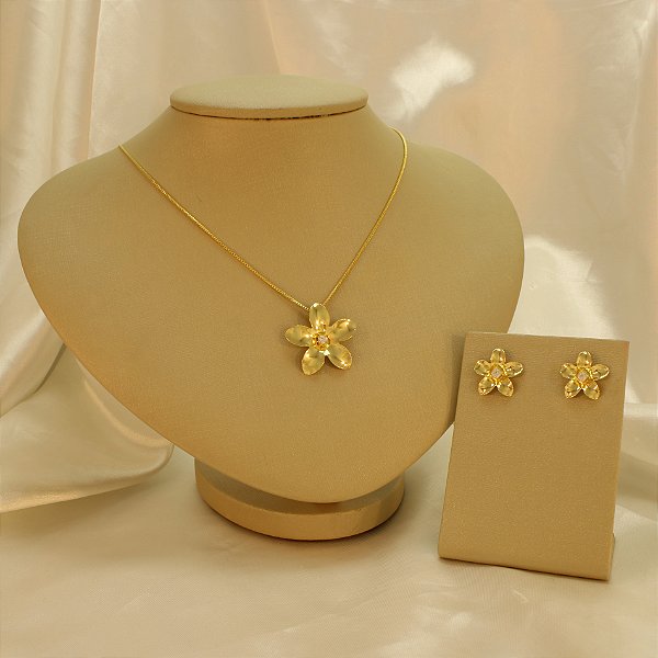 Conjunto de Flor com Zircônia Cristal Folheado a Ouro 18k