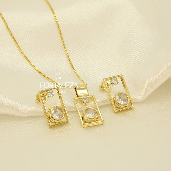 Conjunto Geométrico com Zircônia Cristal Banhado a Ouro 18k