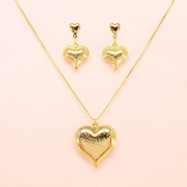 Conjunto de Coração com Design Granulado Folheado a Ouro 18k