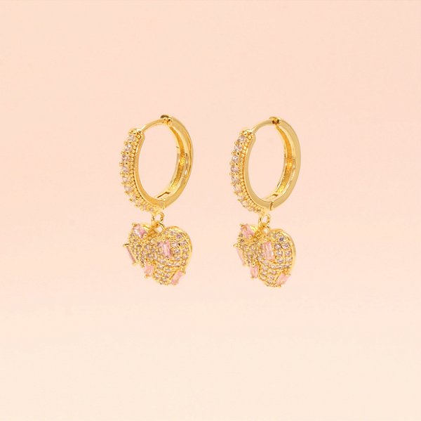 Brinco Argola de Coração Cravejado e Folheado a Ouro 18k