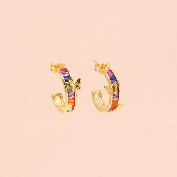 Brinco Argola com Borboletas e Zircônia Folheado a Ouro 18k