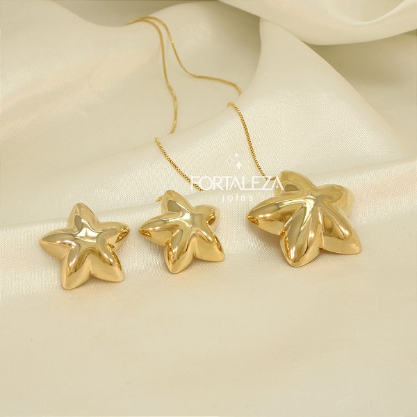 Conjunto de Estrela Abaulada Banhado a Ouro 18k