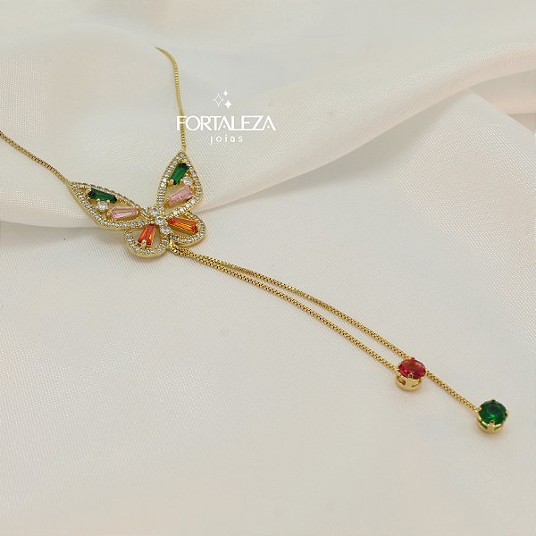 Gargantilha de Borboleta Cravejada Banhado a Ouro 18k