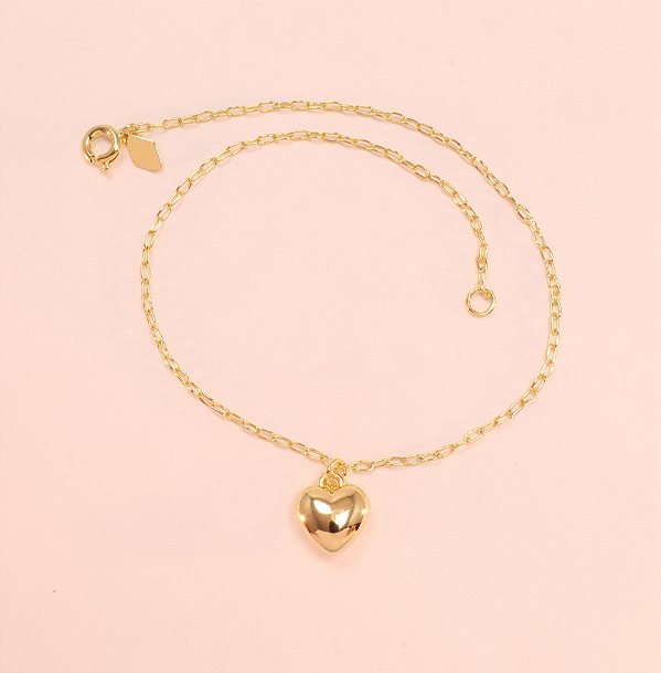 Tornozeleira com Coração Polido Folheado a Ouro 18k