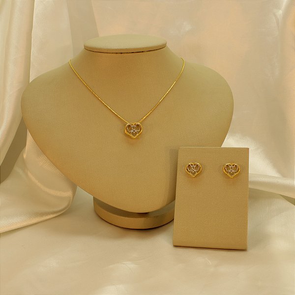 Conjunto Quatro Corações Folheado a Ródio e Ouro 18k