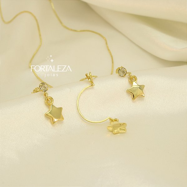 Conjunto de Estrela com Zircônia Cristal Folheado a Ouro 18k