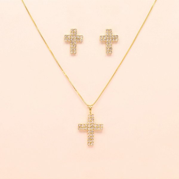 Conjunto de Cruz com Zircônia Folheado a Ouro 18k