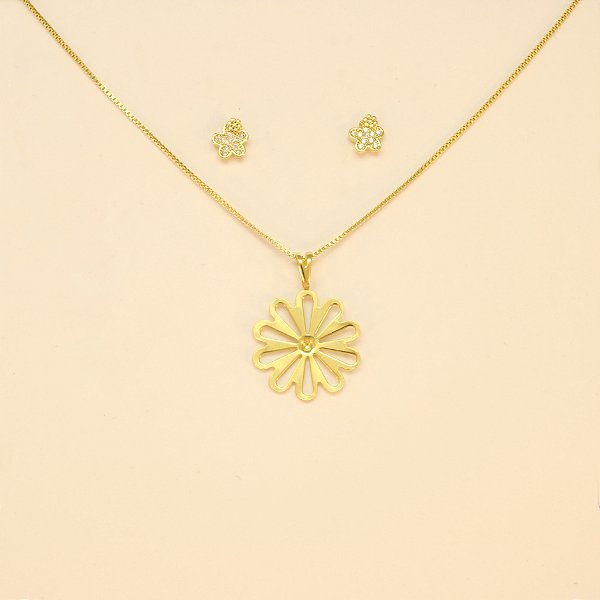 Conjunto de Flor com Zircônia Cristal Folheado a Ouro 18k