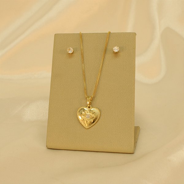 Conjunto de Coração com Olho Grego Banhado a Ouro 18k