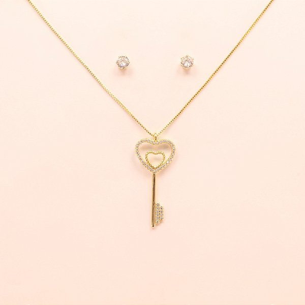 Conjunto Coração e Chave Folheado a Ouro 18k