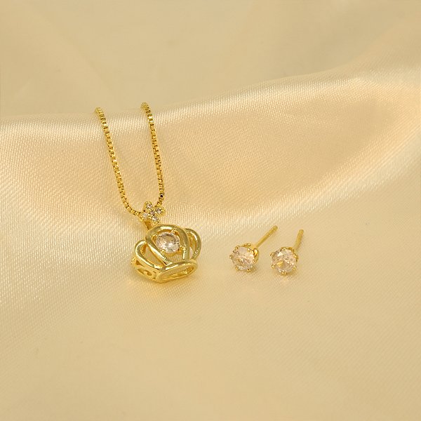 Conjunto Design de Coroa com Zircônia Banhado a Ouro 18k