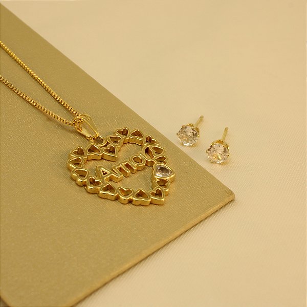 Conjunto de Corações Escrito Amor Banhado a Ouro 18k