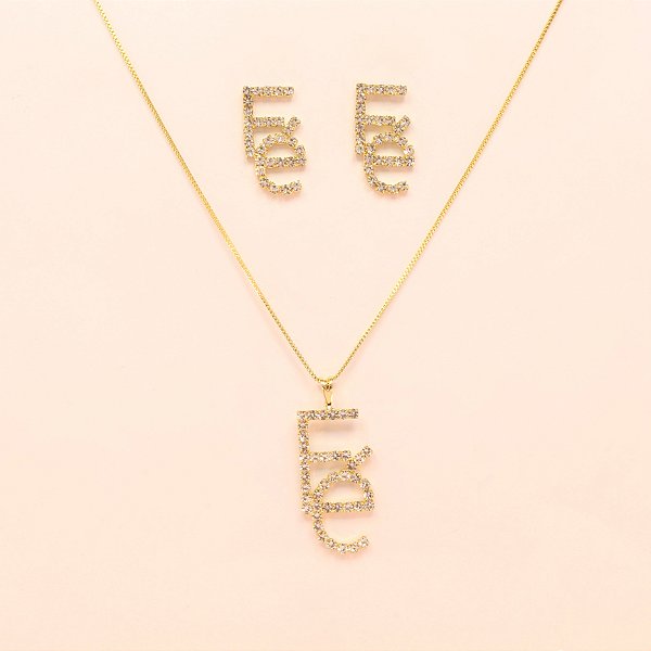Conjunto Fé Cravejado em Zircônias Folheado a Ouro 18k