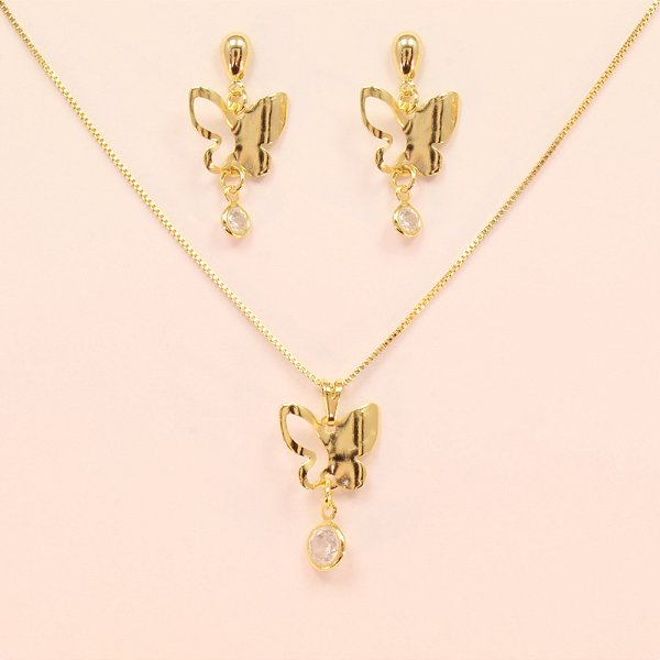 Conjunto Borboleta Escrito Nice Folheado a Ouro 18k