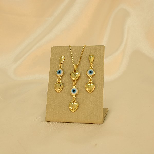 Conjunto de Coração com Olho Grego Banhado a Ouro 18k