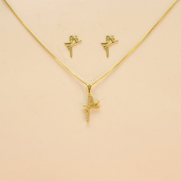 Conjunto Escrito Fé com Zircônia Folheado a Ouro 18k