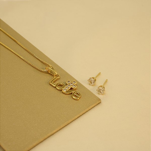 Conjunto Escrito Love e Cruz Cravejada Banhado a Ouro 18k