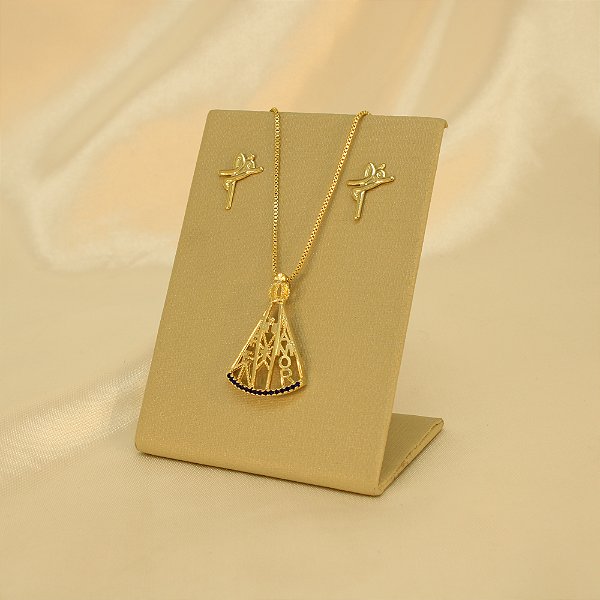 Conjunto Fé com Nossa Senhora Aparecida Banhado a Ouro 18k