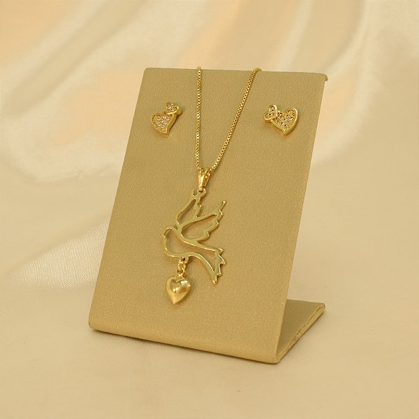 Conjunto Espírito Santo com Coração Folheado a Ouro 18k