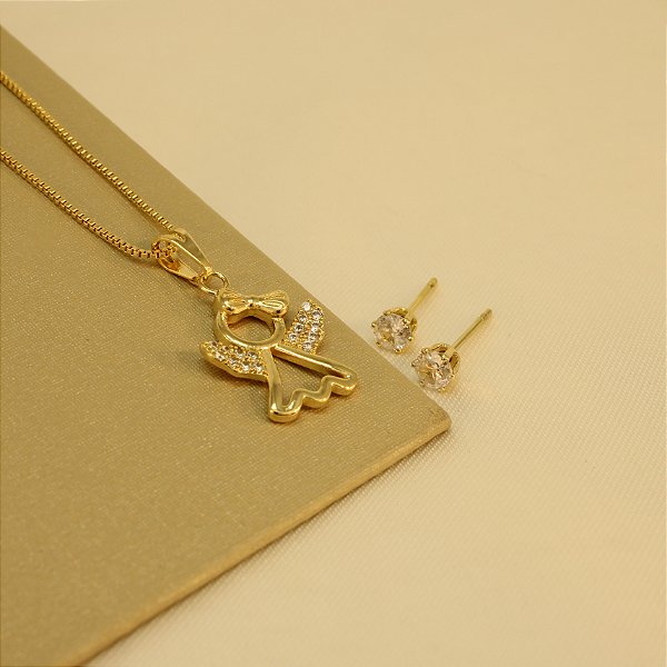 Conjunto Anjo com Zircônia Cristal Banhado a Ouro 18k