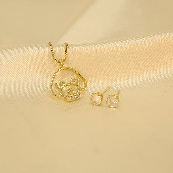 Conjunto Carinha de Cachorro com Zircônia Banhado a Ouro 18k