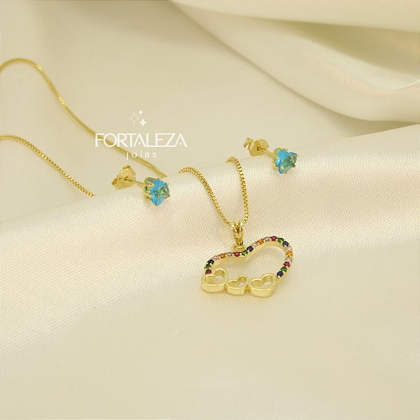 Conjunto de Coração com Zircônias Banhado a Ouro 18k