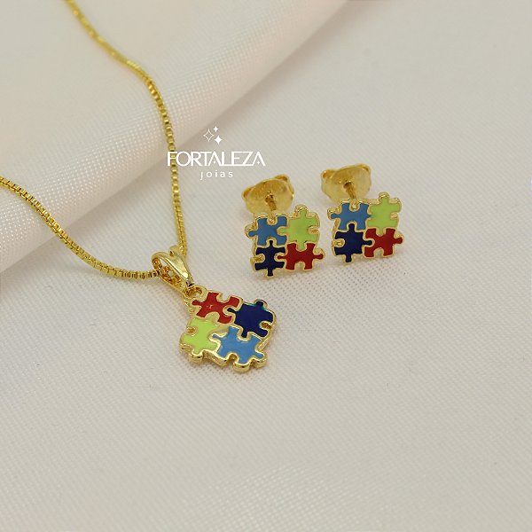 Conjunto Símbolo do Autismo Banhado a Ouro 18k