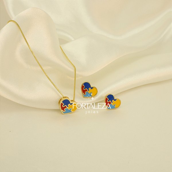 Conjunto Coração Símbolo do Autismo Banhado a Ouro 18k