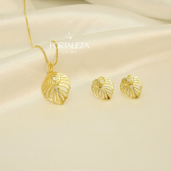 Conjunto com Design de Folha Banhado a Ouro 18k e Ródio