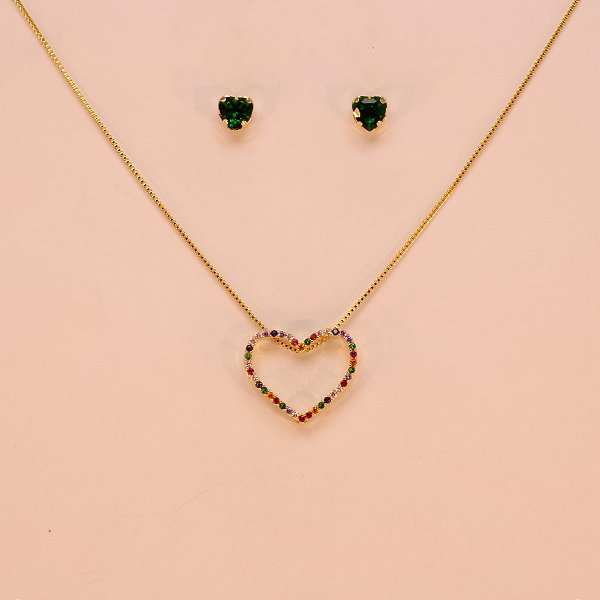 Conjunto de Coração Cravejado Folheado a Ouro 18k