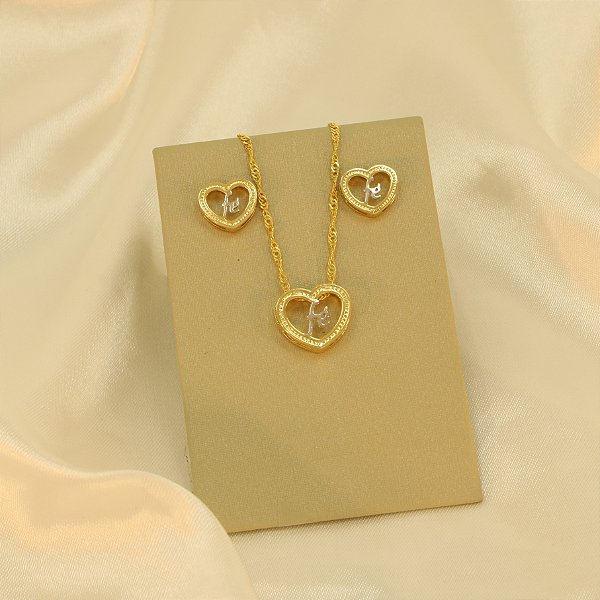 Conjunto de Coração Escrito Fé Folheado a Ródio e Ouro 18k