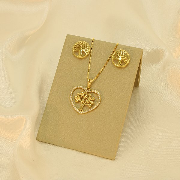 Conjunto de Coração e Árvore da Vida Folheado a Ouro 18k