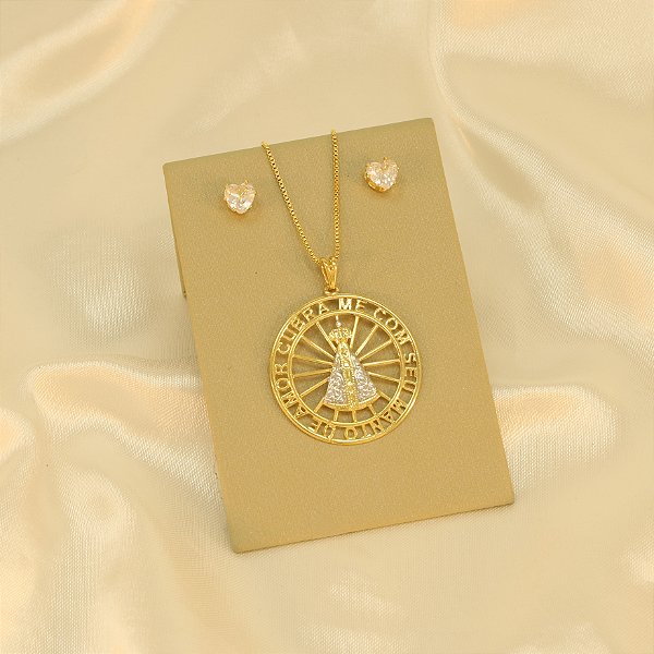 Conjunto Nossa Senhora Aparecida Folheado a Ródio e Ouro 18k