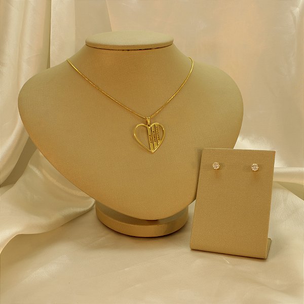 Conjunto Escrito Amor Família e Gratidão Banhado a Ouro 18k