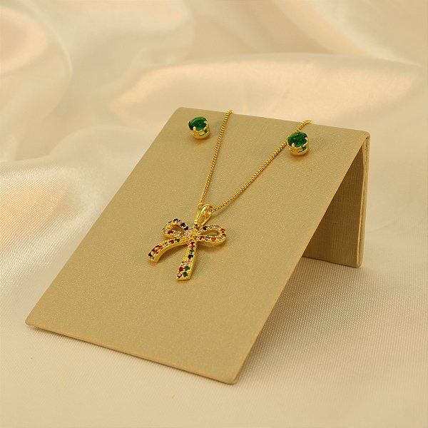Conjunto Cravejado de Laço Folheado a Ouro 18k