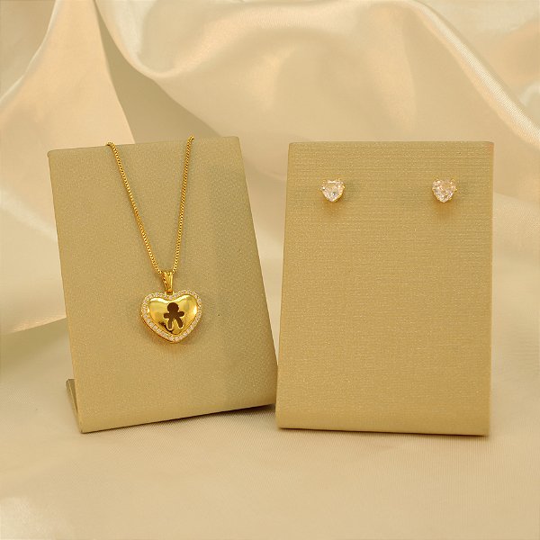 Conjunto Coração e Menino com Zircônia Banhado a Ouro 18k
