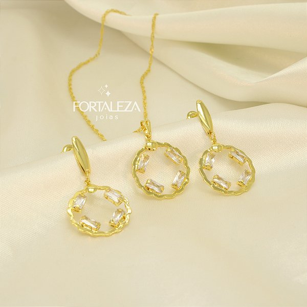 Conjunto com Zircônia Cristal Banhado a Ouro 18k
